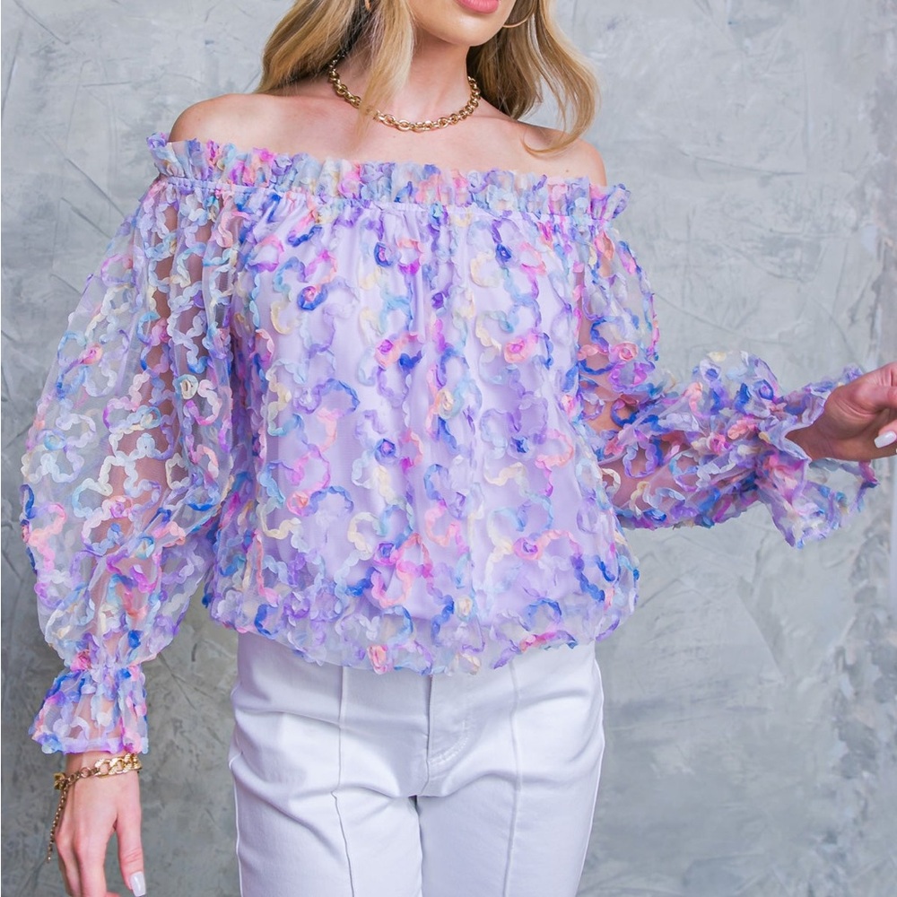 Flying Tomato Off-the-Shoulder Lavender Floral Appliqué Blouse